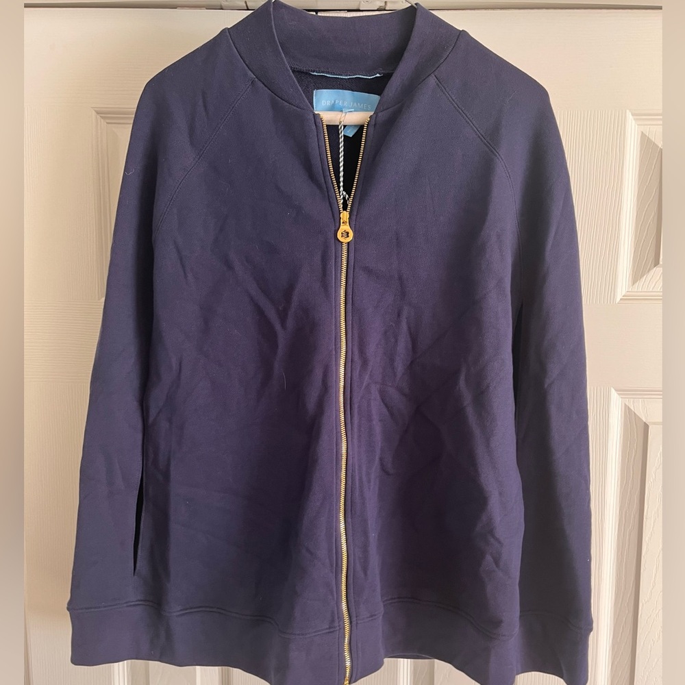 DRAPER JAMES NWT Cape XS/S Sweater Knit Gold Full Zip Cotton Navy Poncho